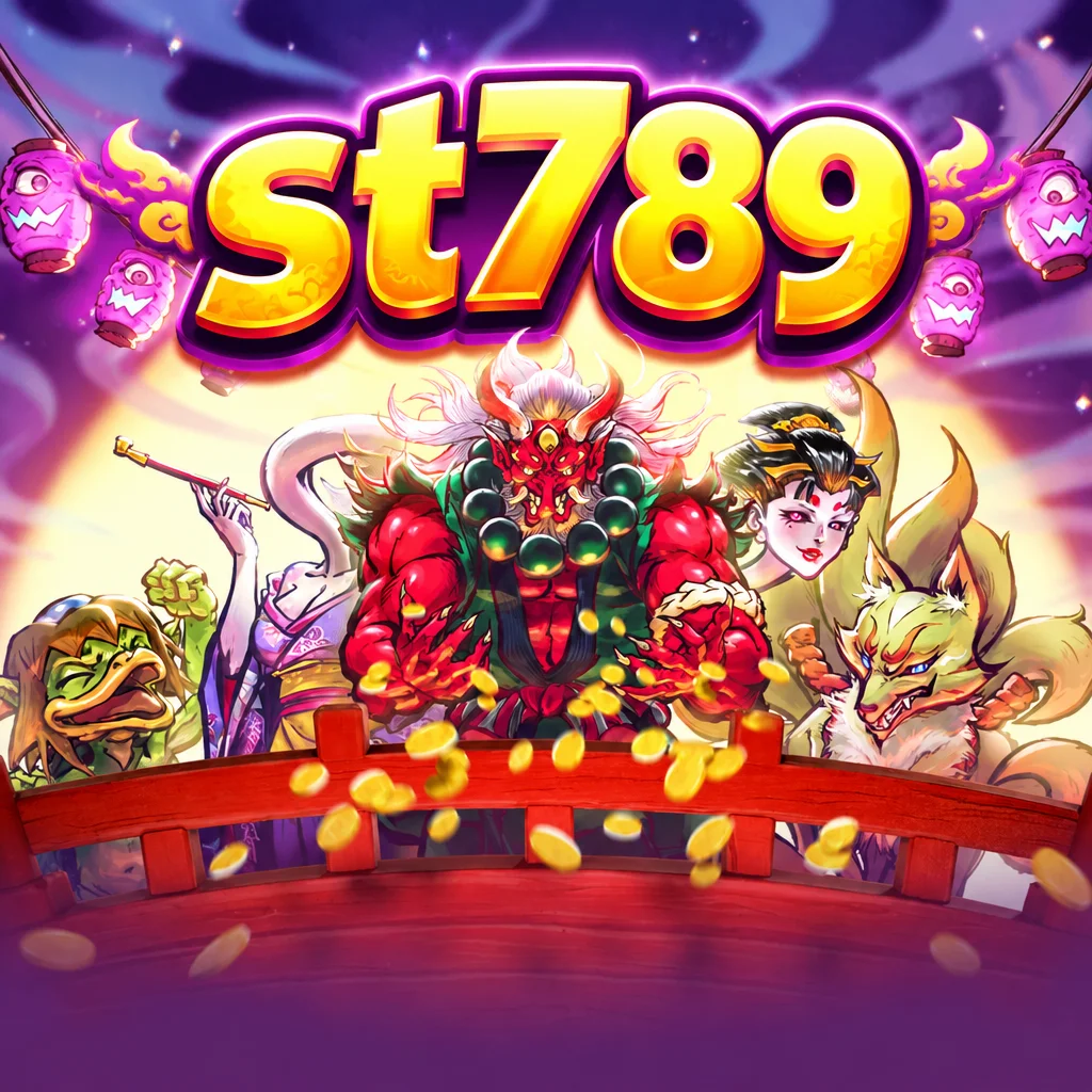 Ilustrasi karakter yokai Jepang dengan teks st789 di atas jembatan merah